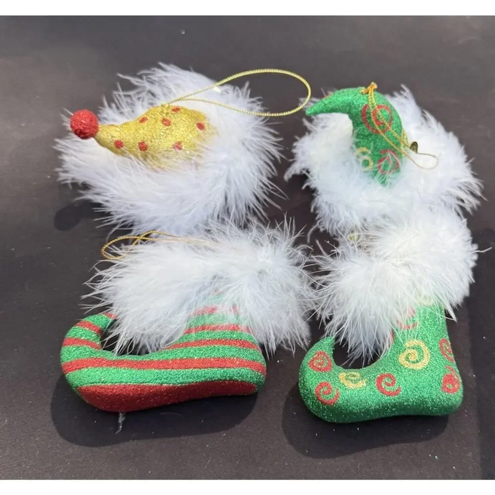 2 Vintage Department 56 Whimsical Elf Shoes & Hat Christmas ornaments -Lo10